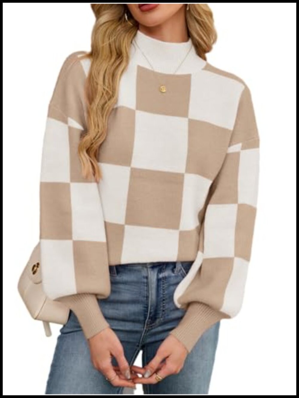 Womens Oversized Checkered Mock Neck Knit Pullover Sweater